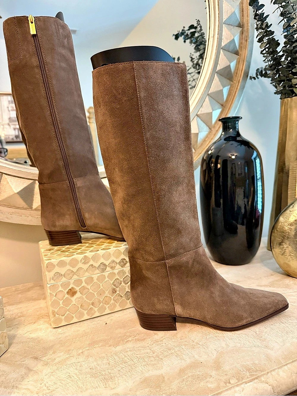 Vince Camuto Suede Square Toe Tall Boots Taupe Brown